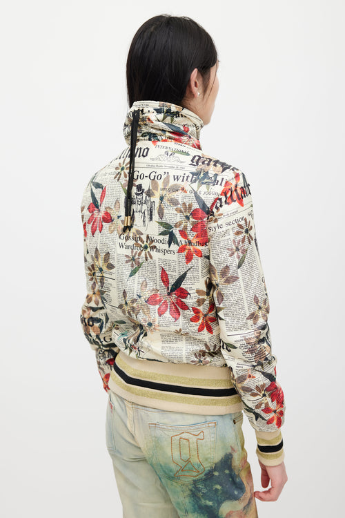 Galliano Cream & Multicolour Floral Newsprint Bomber Jacket