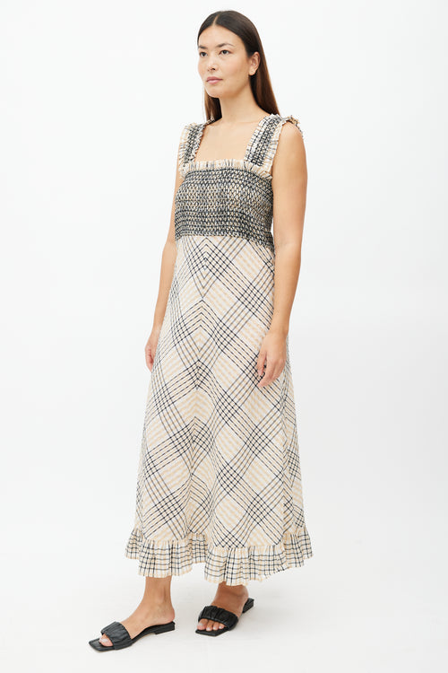 Ganni Beige & Multicolour Plaid Seersucker Dress