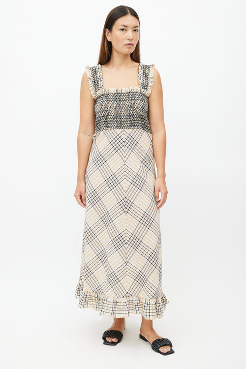 Ganni Beige & Multicolour Plaid Seersucker Dress