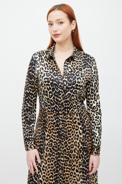 Ganni Brown & Black Printed Silk Button Up Dress
