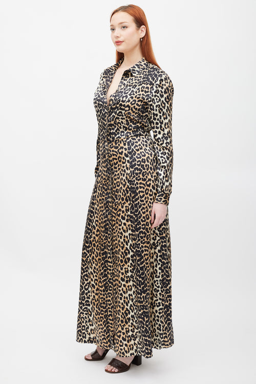 Ganni Brown & Black Printed Silk Button Up Dress