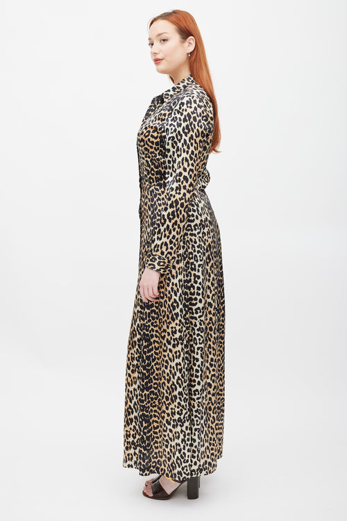 Ganni Brown & Black Printed Silk Button Up Dress
