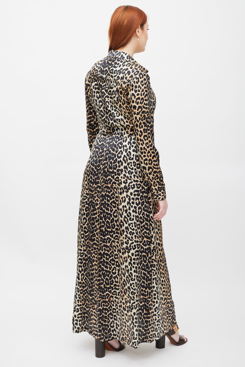Ganni Brown & Black Printed Silk Button Up Dress