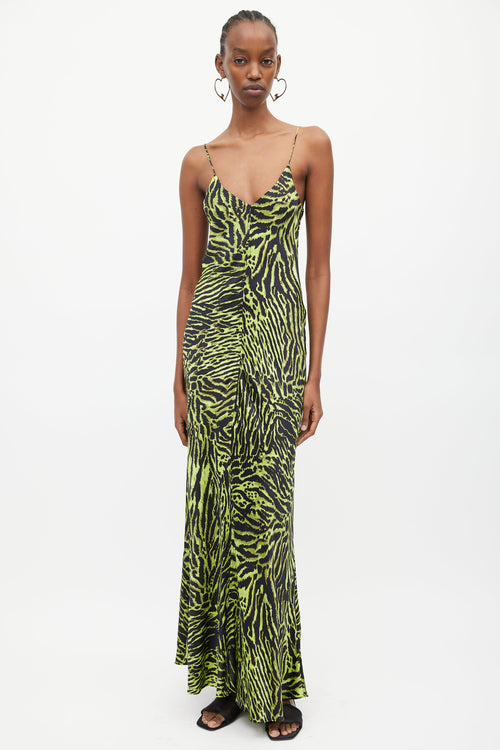 Ganni Black & Green Silk Print V-Neck Dress