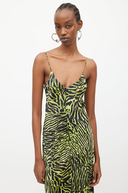 Ganni Black & Green Silk Print V-Neck Dress