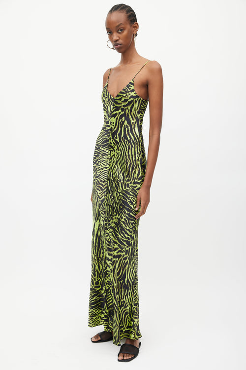 Ganni Black & Green Silk Print V-Neck Dress
