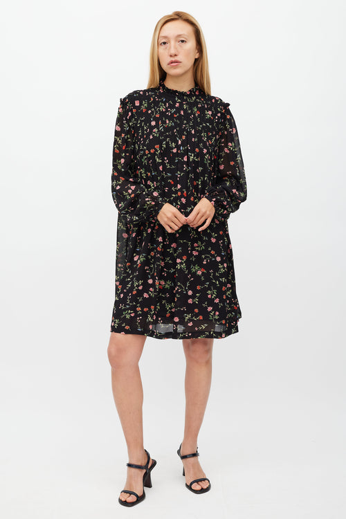 Ganni Black & Multi Floral Long Sleeve Dress