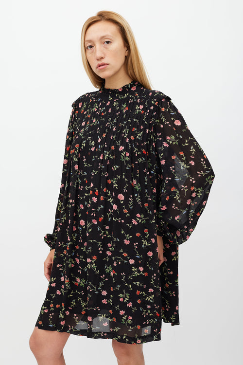 Ganni Black & Multi Floral Long Sleeve Dress