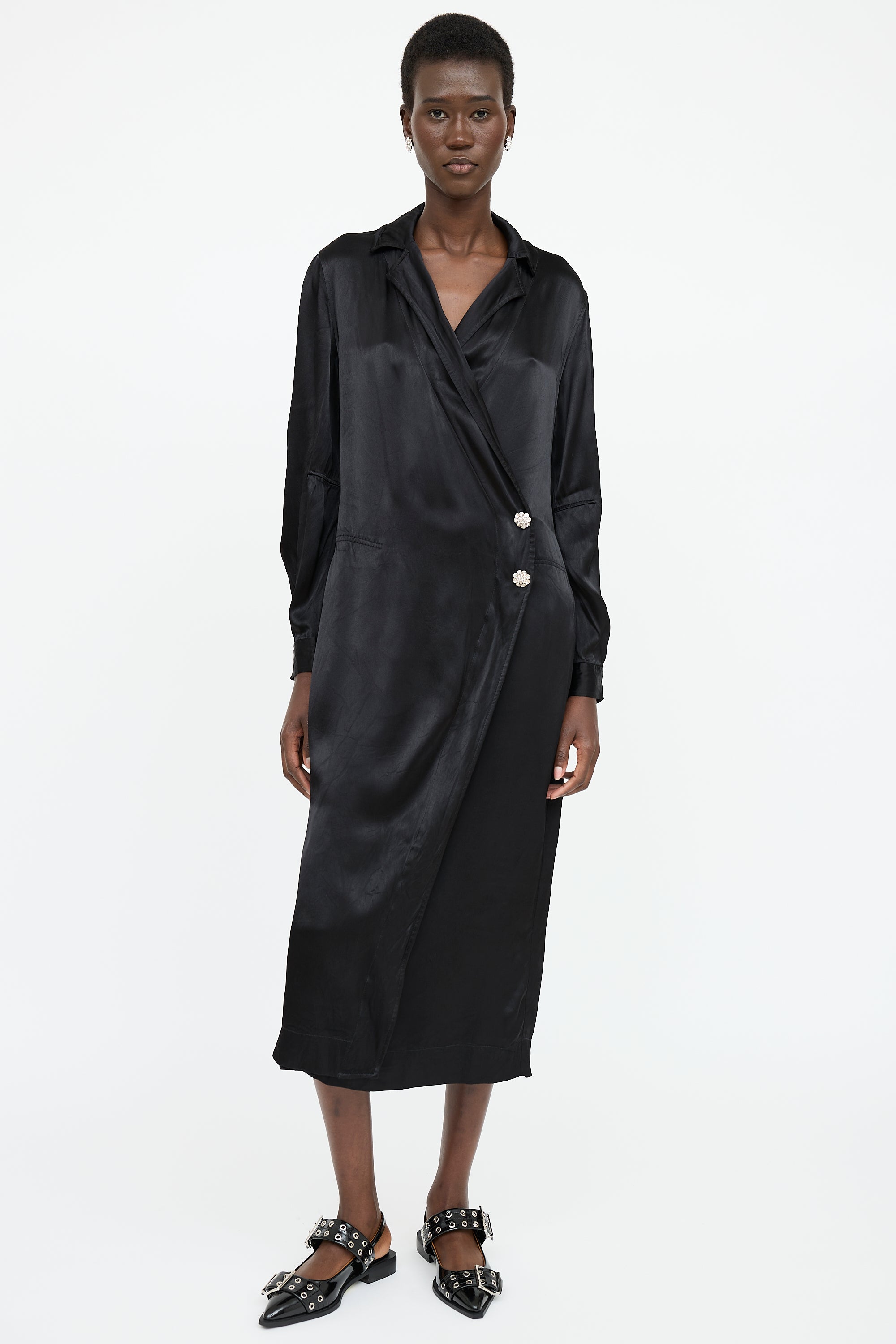 Ganni Satin Embellished Wrap Dress