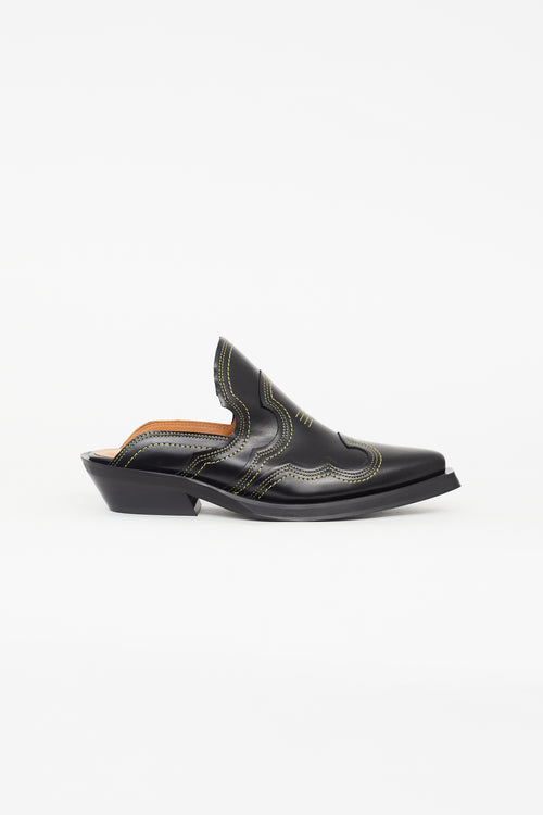 Ganni Black & Yellow Contrast Stitch Western Mule