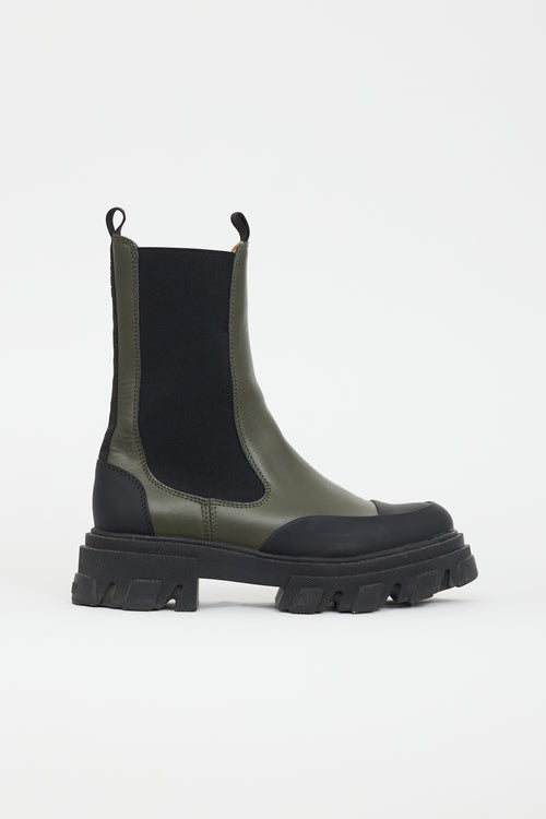 Ganni Black & Green Leather Chelsea Boot