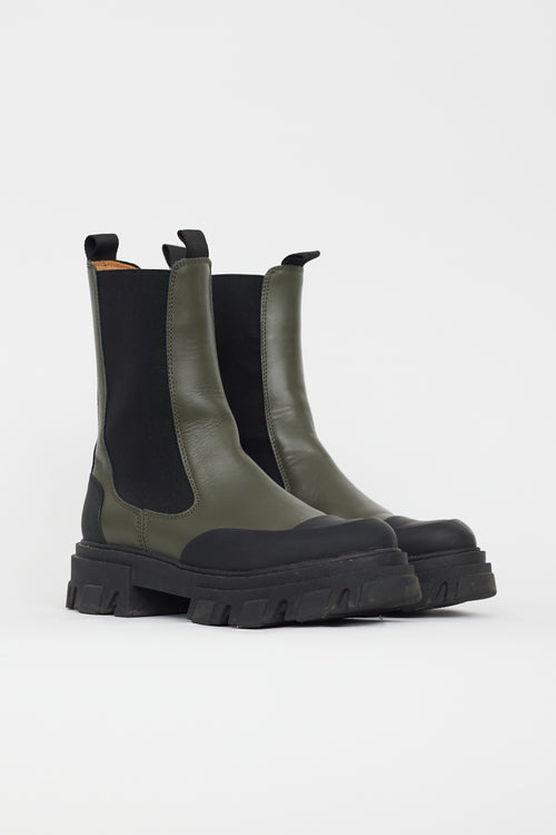 Ganni Black & Green Leather Chelsea Boot