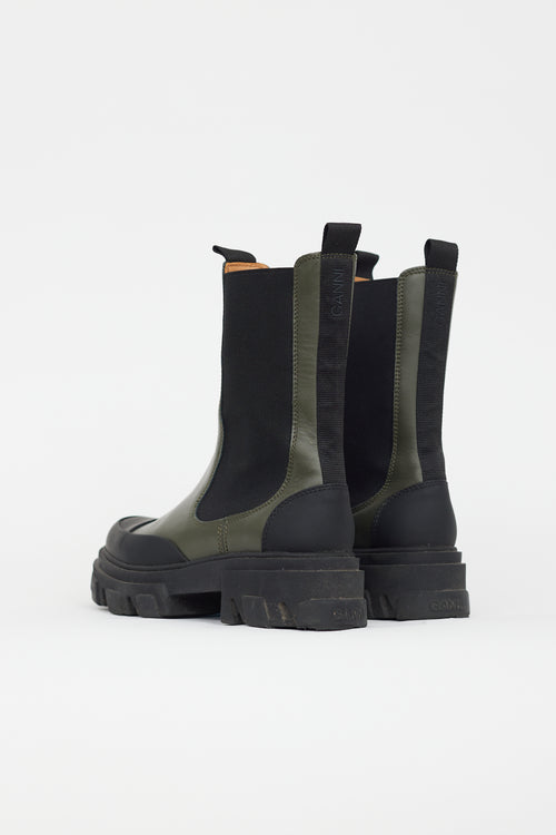 Ganni Black & Green Leather Chelsea Boot