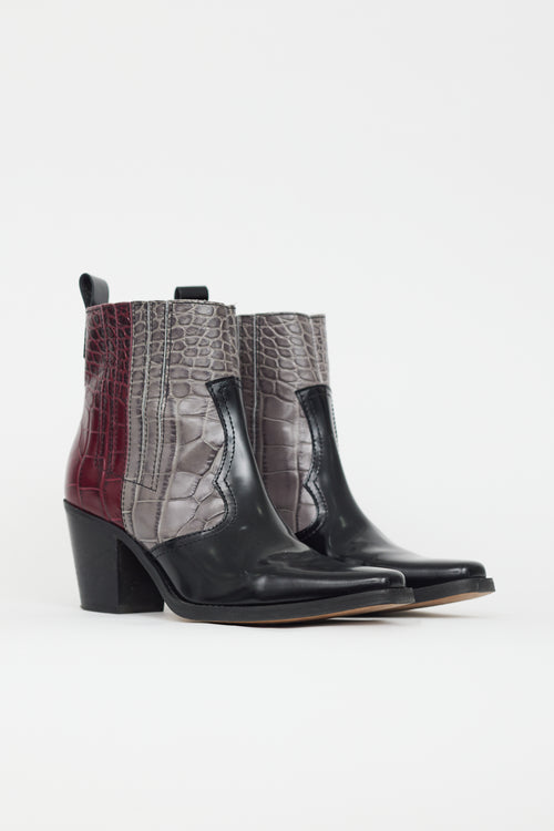 Ganni Black & Multi Embossed Leather Western Boot