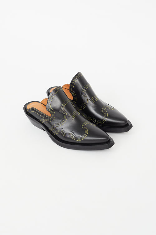 Ganni Black & Yellow Contrast Stitch Western Mule