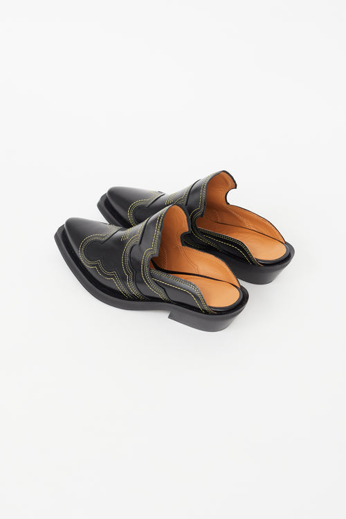 Ganni Black & Yellow Contrast Stitch Western Mule