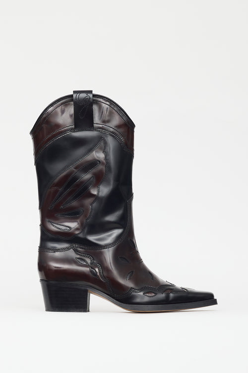 Ganni Burgundy & Black Patent Leather Western Boot