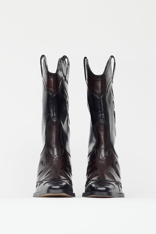 Ganni Burgundy & Black Patent Leather Western Boot