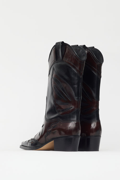 Ganni Burgundy & Black Patent Leather Western Boot