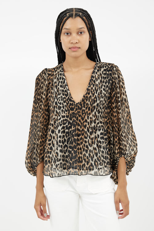 Ganni Brown & Black Print Pleated Blouse