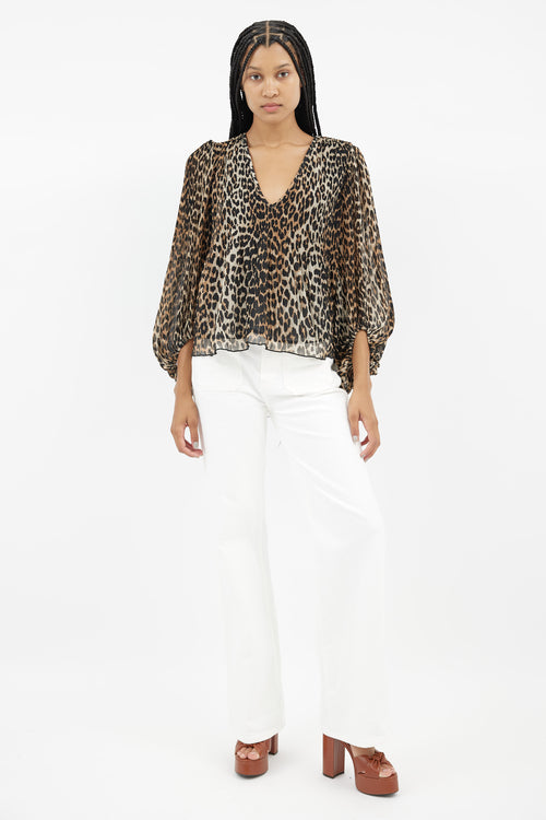 Ganni Brown & Black Print Pleated Blouse