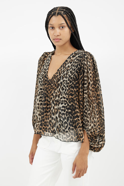 Ganni Brown & Black Print Pleated Blouse