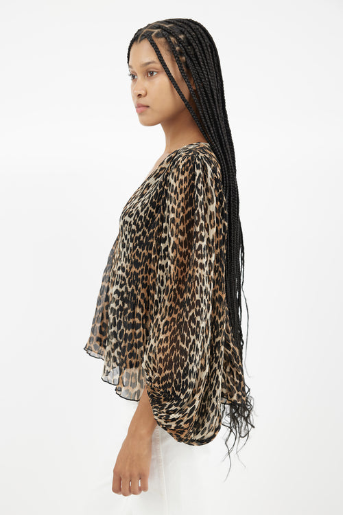 Ganni Brown & Black Print Pleated Blouse