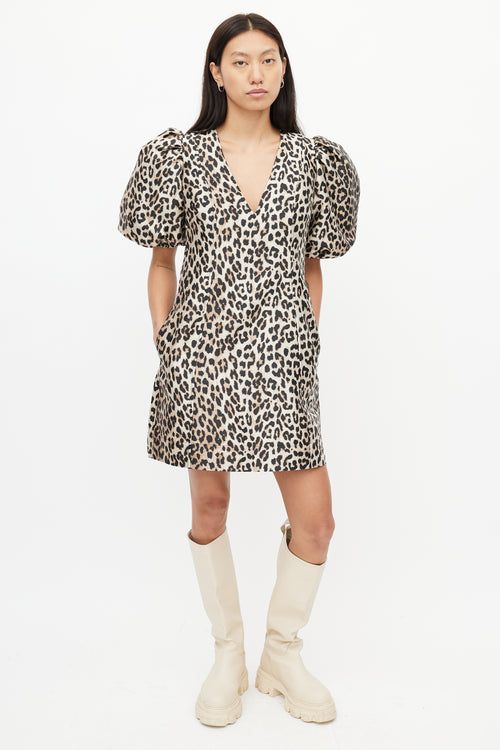 Ganni Brown & Black Print Puff Dress