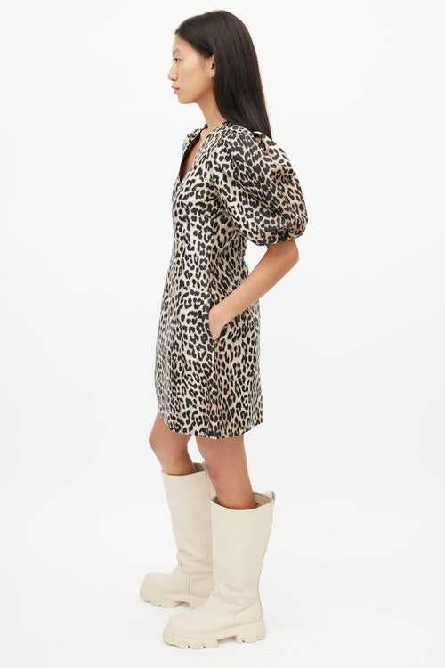Ganni Brown & Black Print Puff Dress