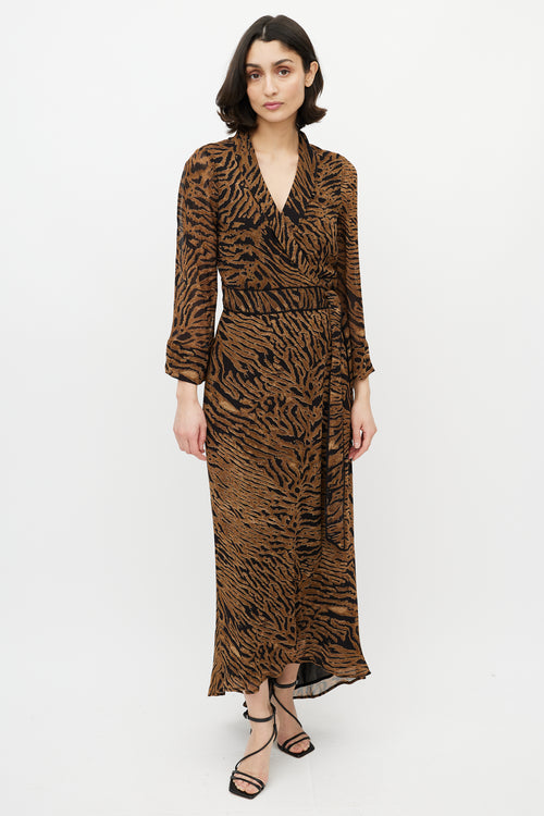 Ganni Brown & Black Printed Maxi Wrap Dress