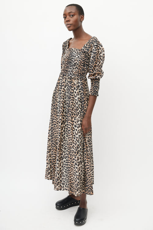 Ganni Brown & Black Smocked Dress