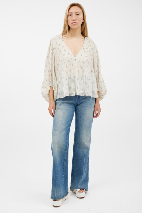 Ganni Cream & Grey Floral Pleated Top