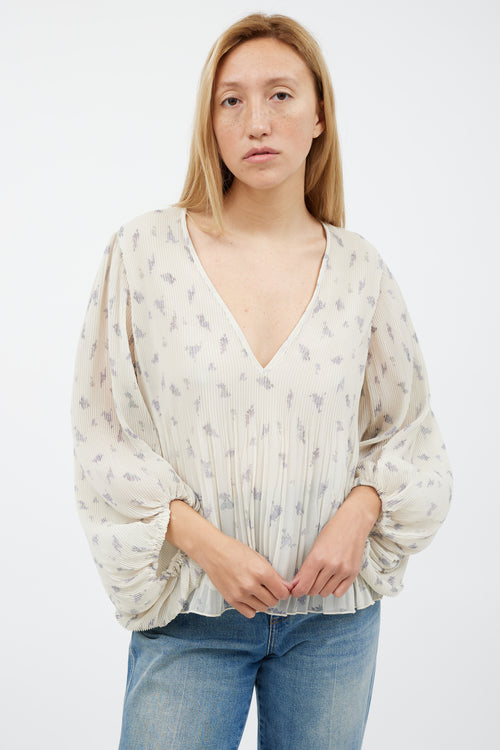Ganni Cream & Grey Floral Pleated Top