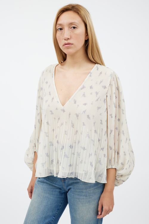 Ganni Cream & Grey Floral Pleated Top