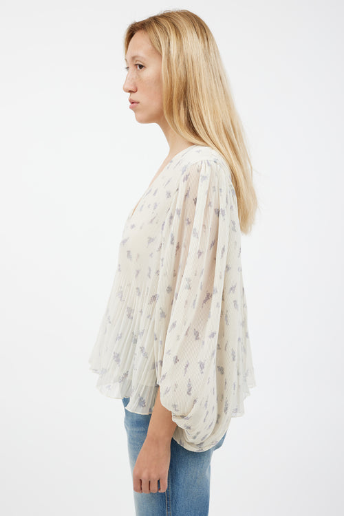 Ganni Cream & Grey Floral Pleated Top