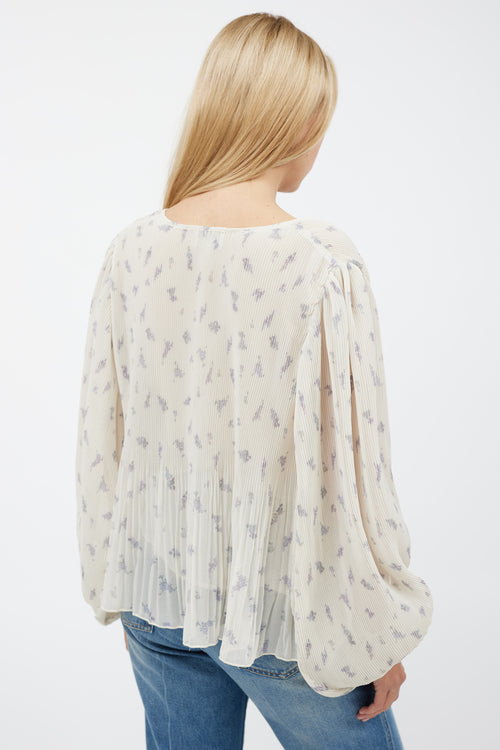 Ganni Cream & Grey Floral Pleated Top