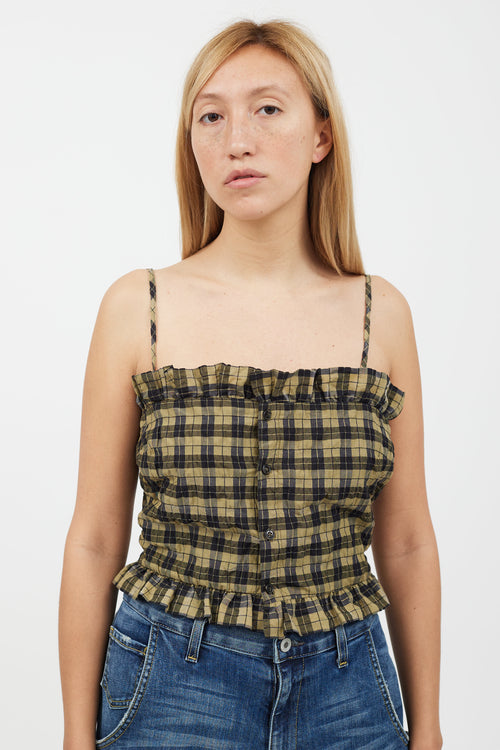 Ganni Green & Black Gingham Ruffle Tank Top