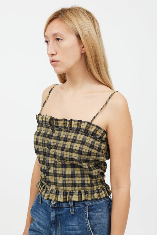 Ganni Green & Black Gingham Ruffle Tank Top