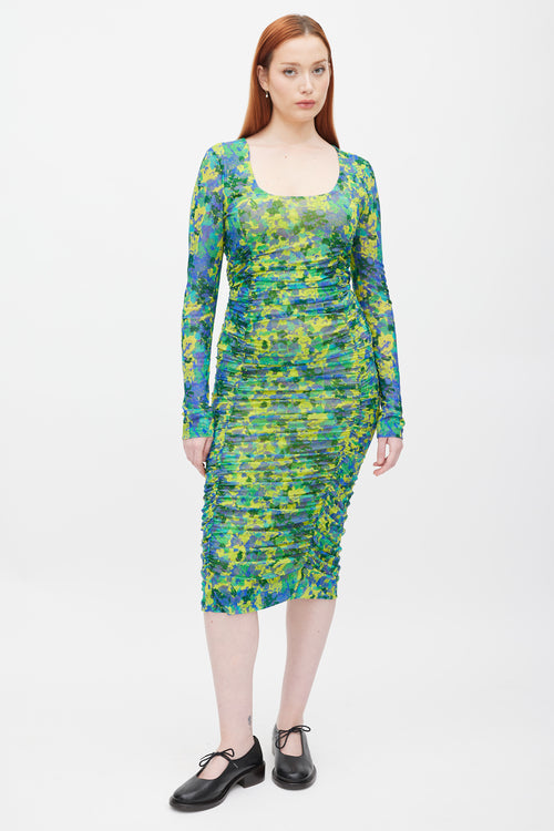 Ganni Green & Multicolour Printed Ruched Mesh Dress