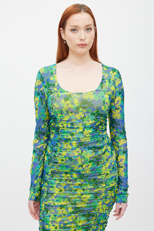 Ganni Green & Multicolour Printed Ruched Mesh Dress