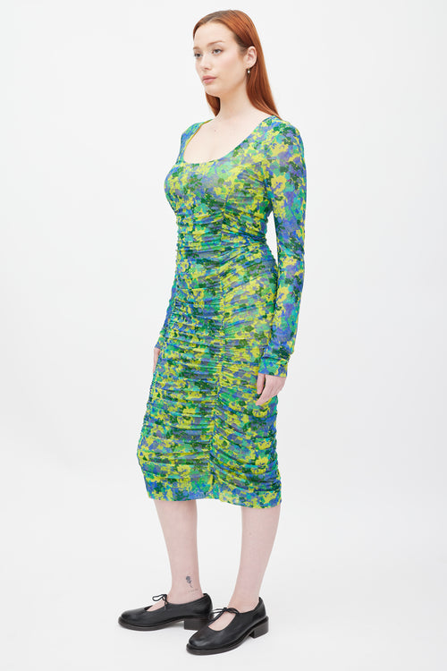 Ganni Green & Multicolour Printed Ruched Mesh Dress
