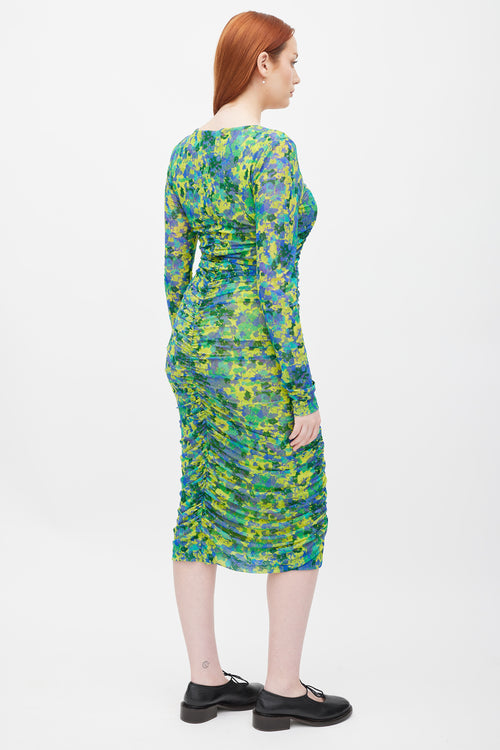 Ganni Green & Multicolour Printed Ruched Mesh Dress