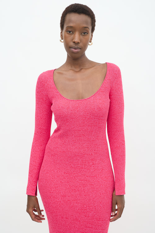 Ganni Pink Marled Ribbed Knit Midi Dress