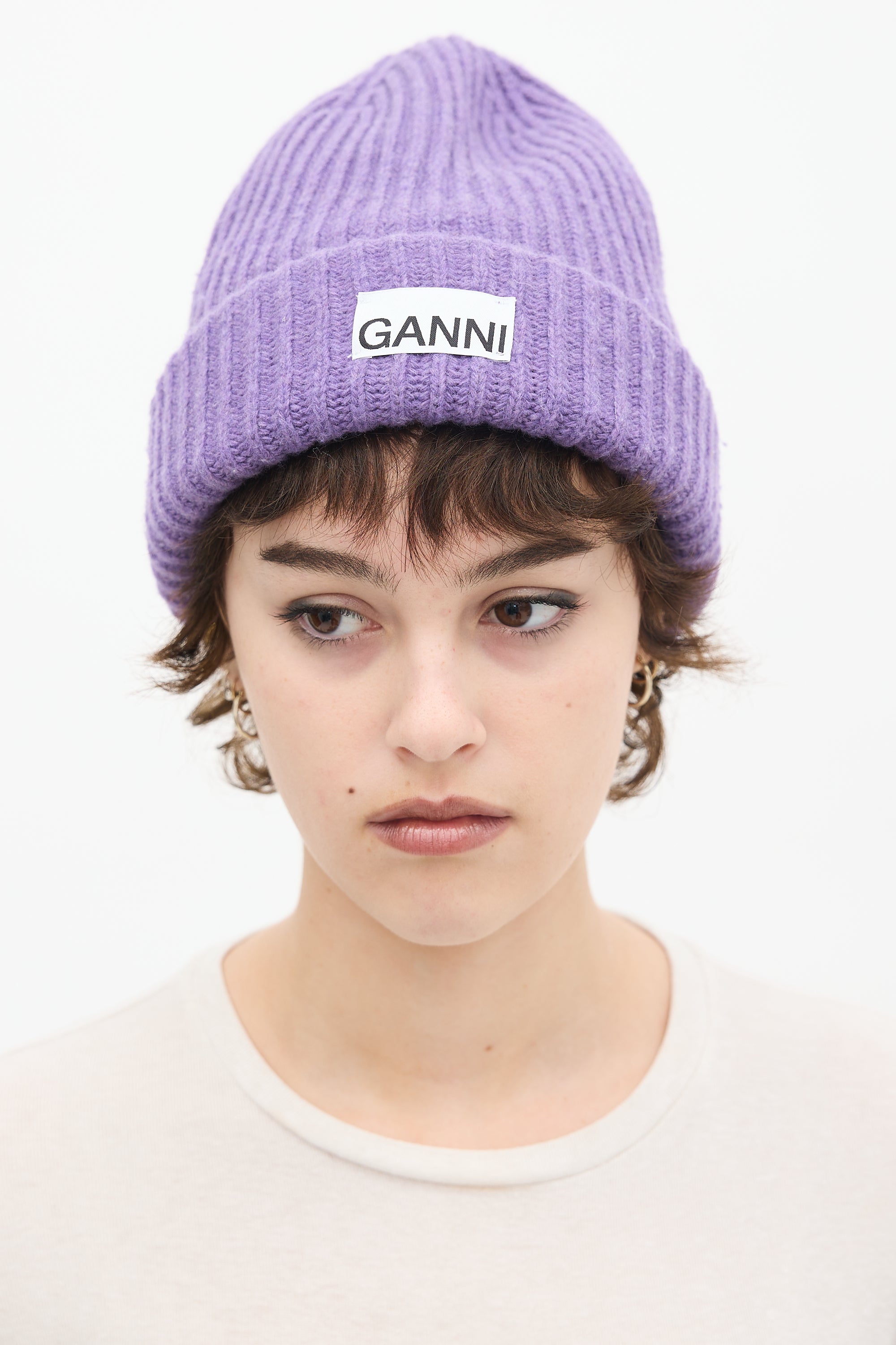 Ganni Purple Wool Ribbed Knit Logo Beanie