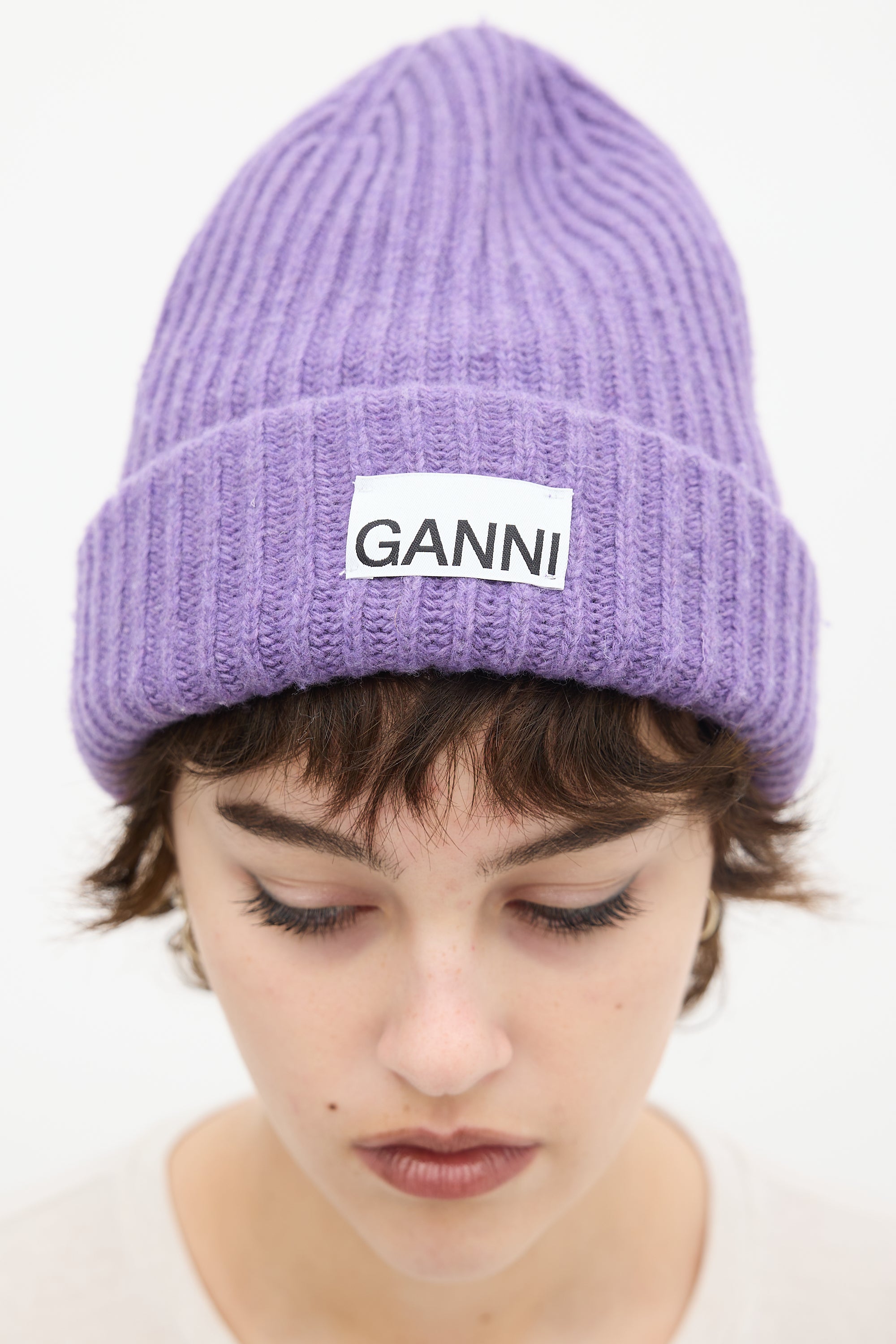 Ganni Purple Wool Ribbed Knit Logo Beanie