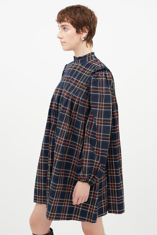 Ganni Red & Multicolour Pleated Plaid Dress