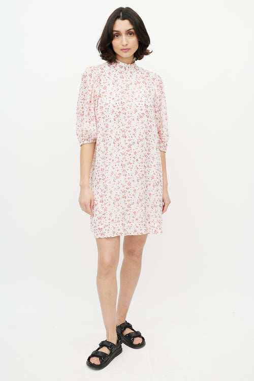 Ganni Red & White Floral Puff Sleeve Dress