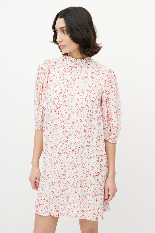 Ganni Red & White Floral Puff Sleeve Dress