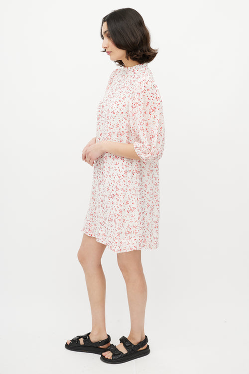 Ganni Red & White Floral Puff Sleeve Dress