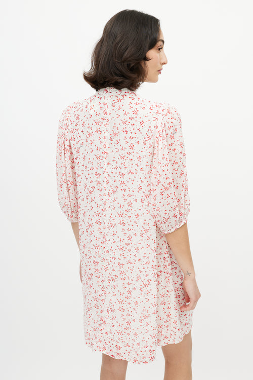 Ganni Red & White Floral Puff Sleeve Dress